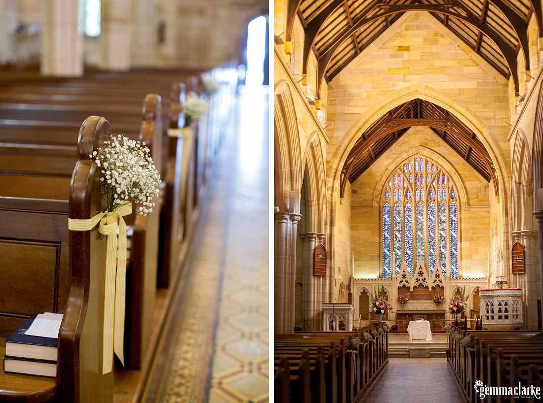 Pew bow and flowers in a church ready for the ceremony! - The Rocks Wedding