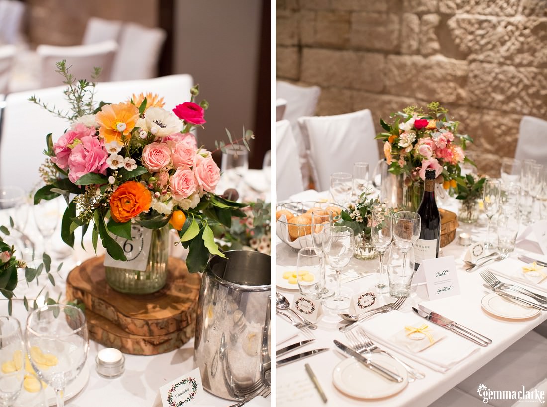Table settings and floral centrepieces at a wedding reception - The Rocks Wedding