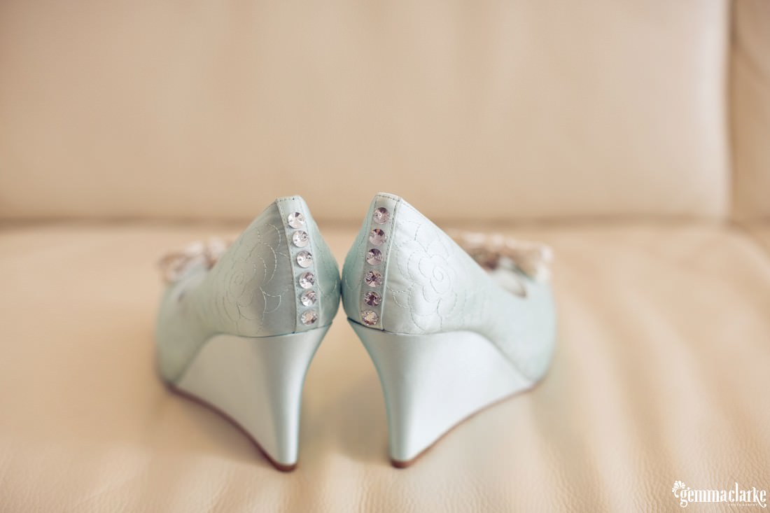 A bride's pale blue wedge shoes - Secret Garden Wedding