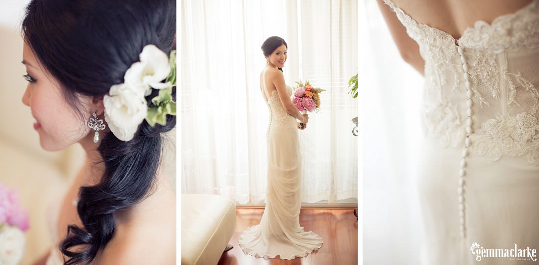 A bride's hair and hairpiece and the detail in the back of her bridal gown - Secret Garden Wedding