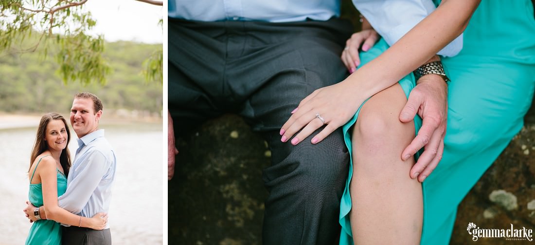 Collage of two images with image on the left of the couple under a tree and the water in the background and the image on the right showing off Karen's engagement ring while she is resting her hand on his leg - Oatley Park Portraits