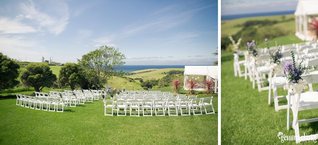 Outdoor wedding setup under a beautiful blue sky on rolling green hills near the sea - Bush Bank Wedding