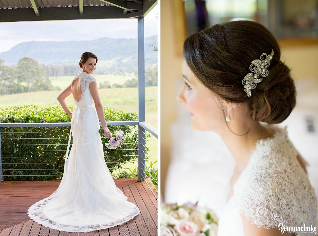 A smiling bride posing on a verandah and showing off her flowing white bridal gown, and a close up of her hair and hairpiece - Silos Estate Wedding