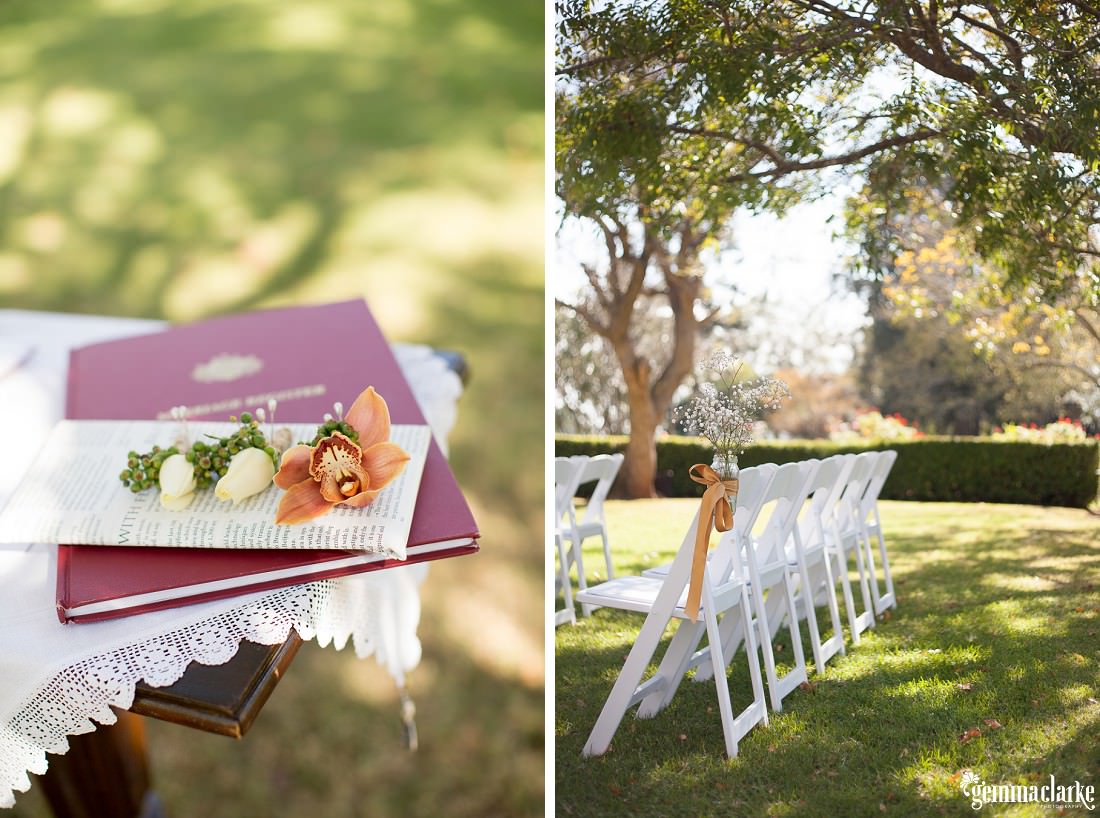 Lovely outdoor wedding ceremony setup with white wooden chairs - Gledswood Homestead Wedding
