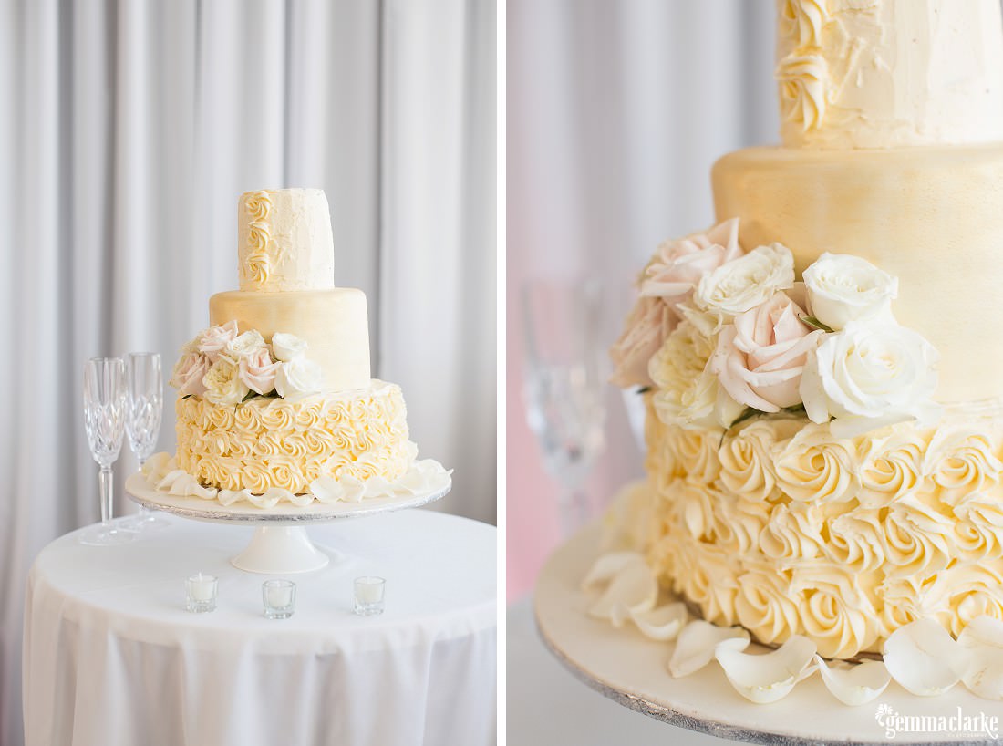 Three tier naked cake with floral decorations - Horizons Wedding