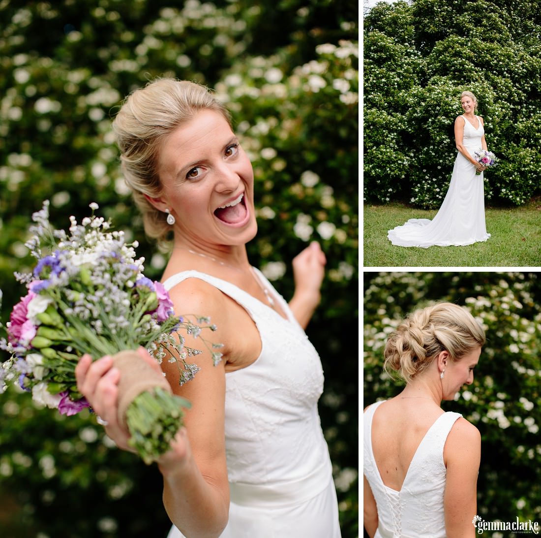 A bride posing in a garden with her bouquet - Book Barn Wedding