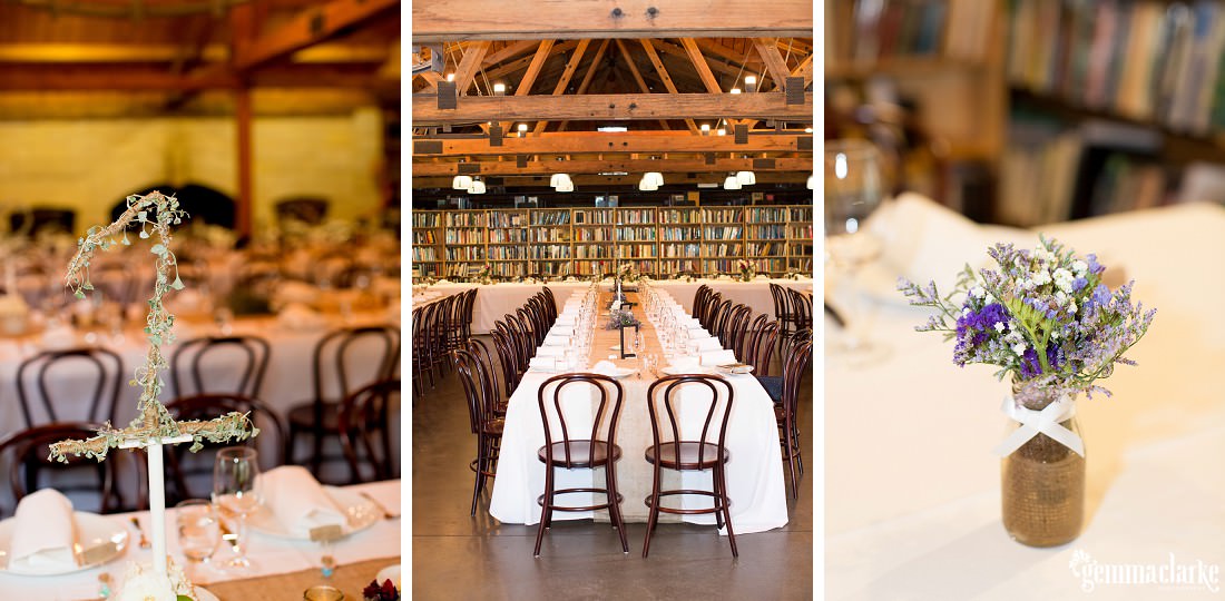 A wedding reception setup with floral table decorations - Book Barn Wedding
