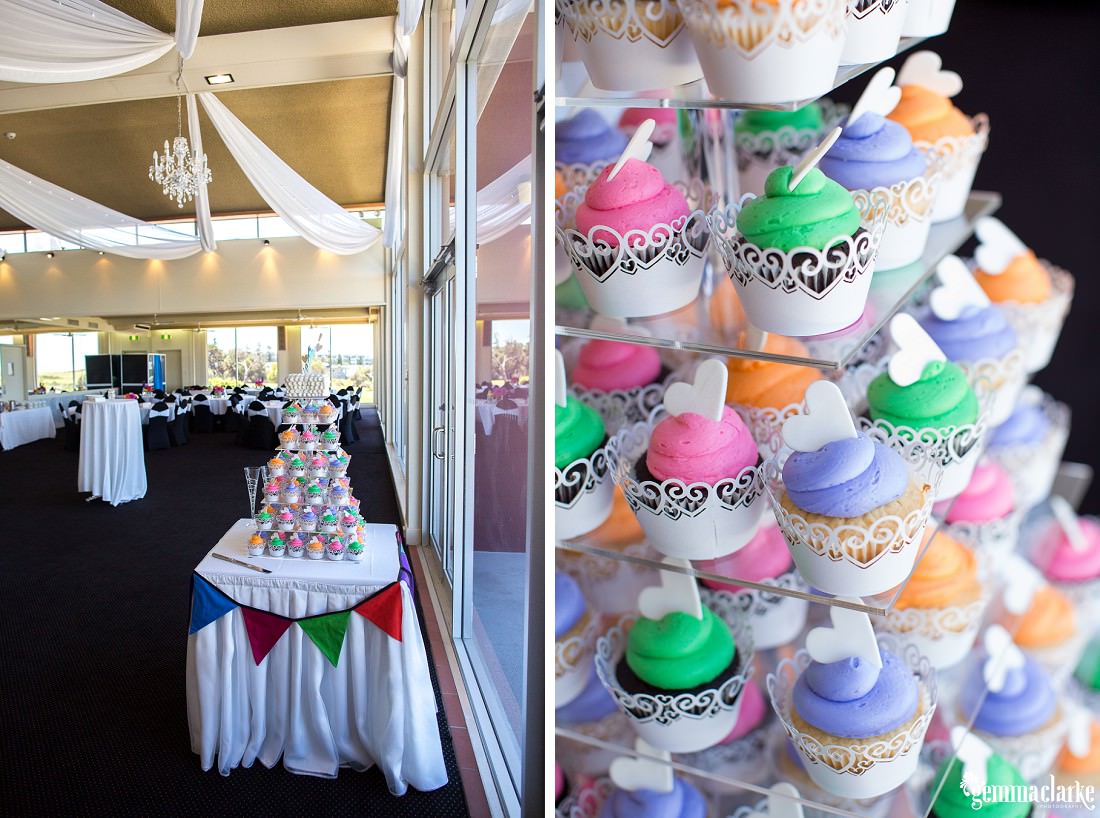 A wedding "cake" made up of many coloured cupcakes with white love-heart toppers – St Michael's Golf Club Wedding