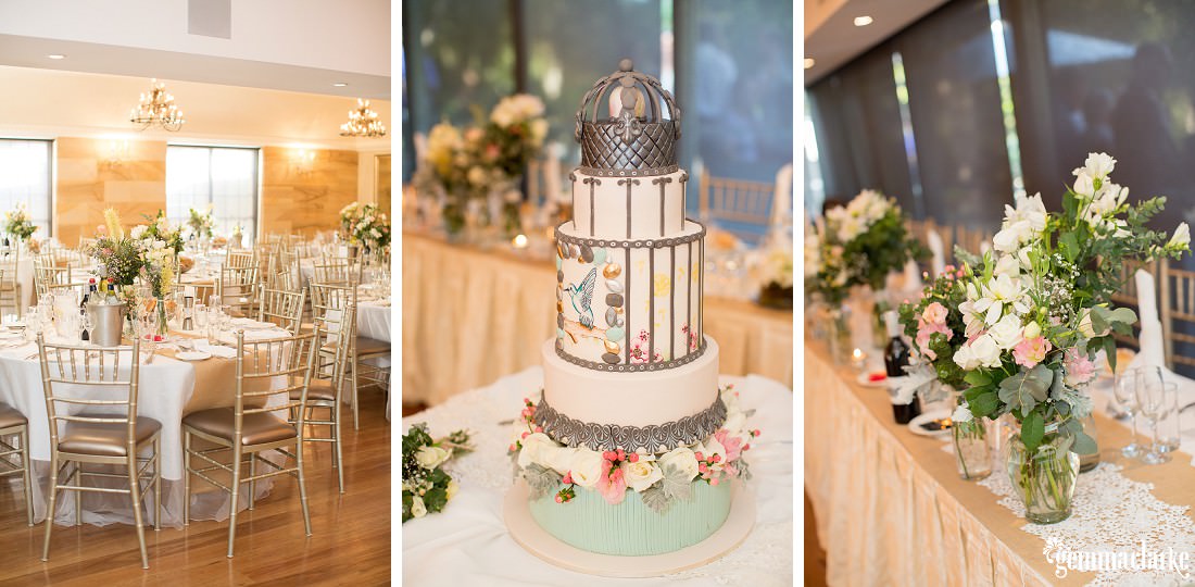 Reception details and a four tier cake with birdcage styling and a crown topper - Oatlands House Reception