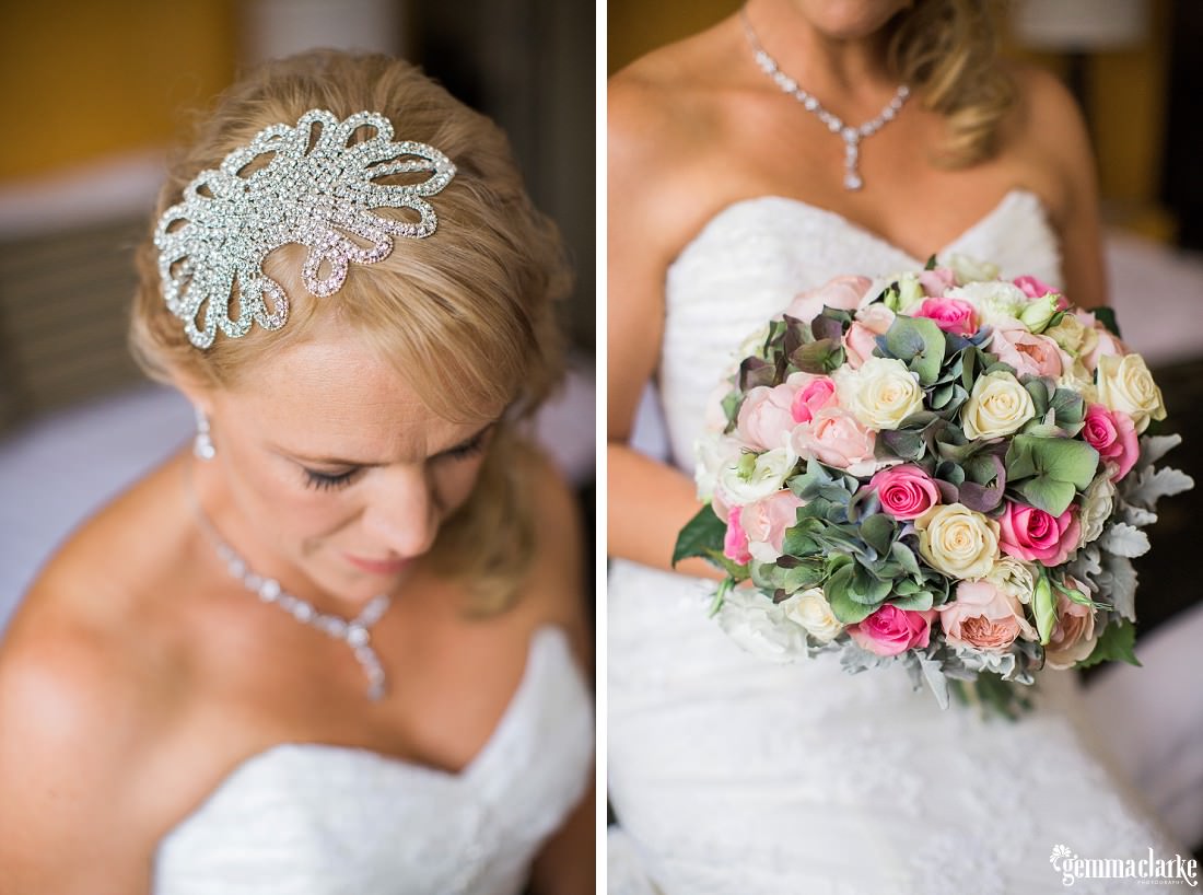 A bride's hairpiece and colourful bouquet - Dairy Precinct Wedding