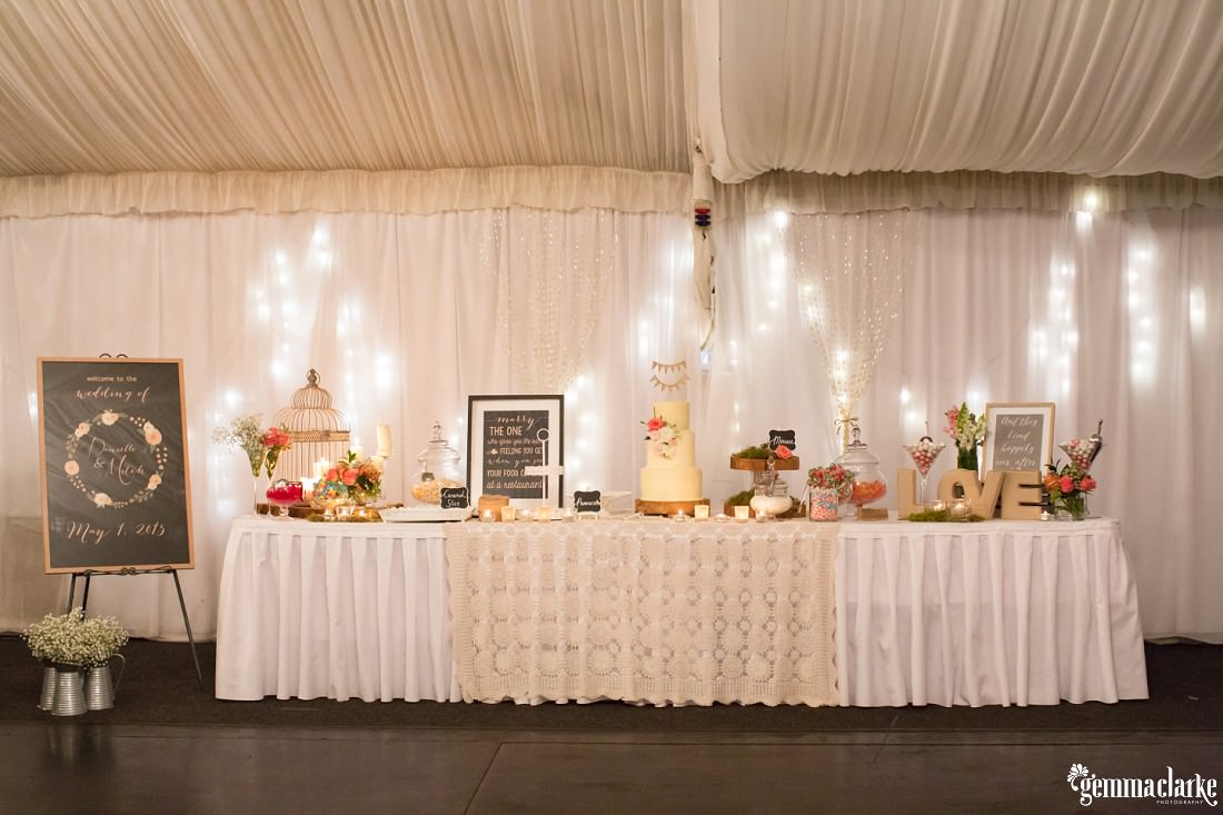 Reception styling table with cake, birdcage wishing well and lolly bar - Camden Wedding