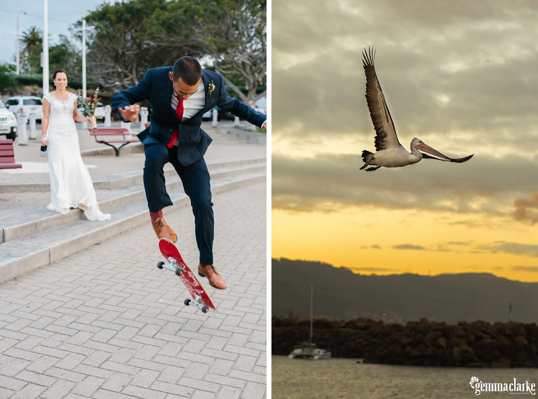 A bride watches as her groom does a skateboard trick, and a pelican flies over