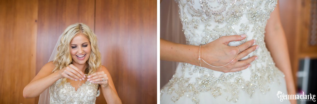 A bride showing off a jewellery piece she received as a gift
