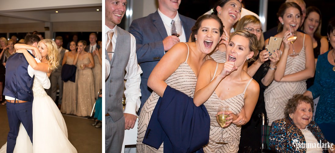 Bridesmaids and other guests smiling as the bride and groom share their first dance