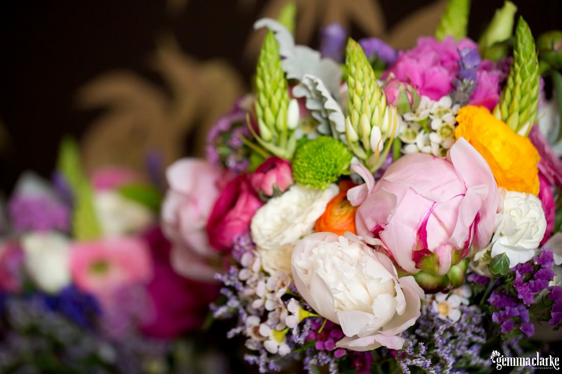 A closeup of a brightly coloured floral bouquet