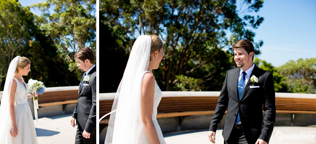 A bride and groom see each other for the first time on their wedding day