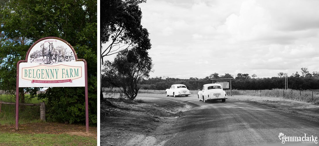 Wedding cars driving down a dirt road and a sign for Belgenny Farm