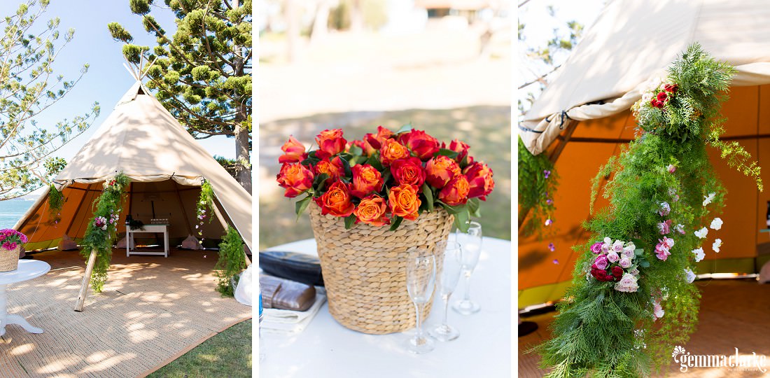 A basket of flowers and a tent decorated with flowers, Shark Island Wedding