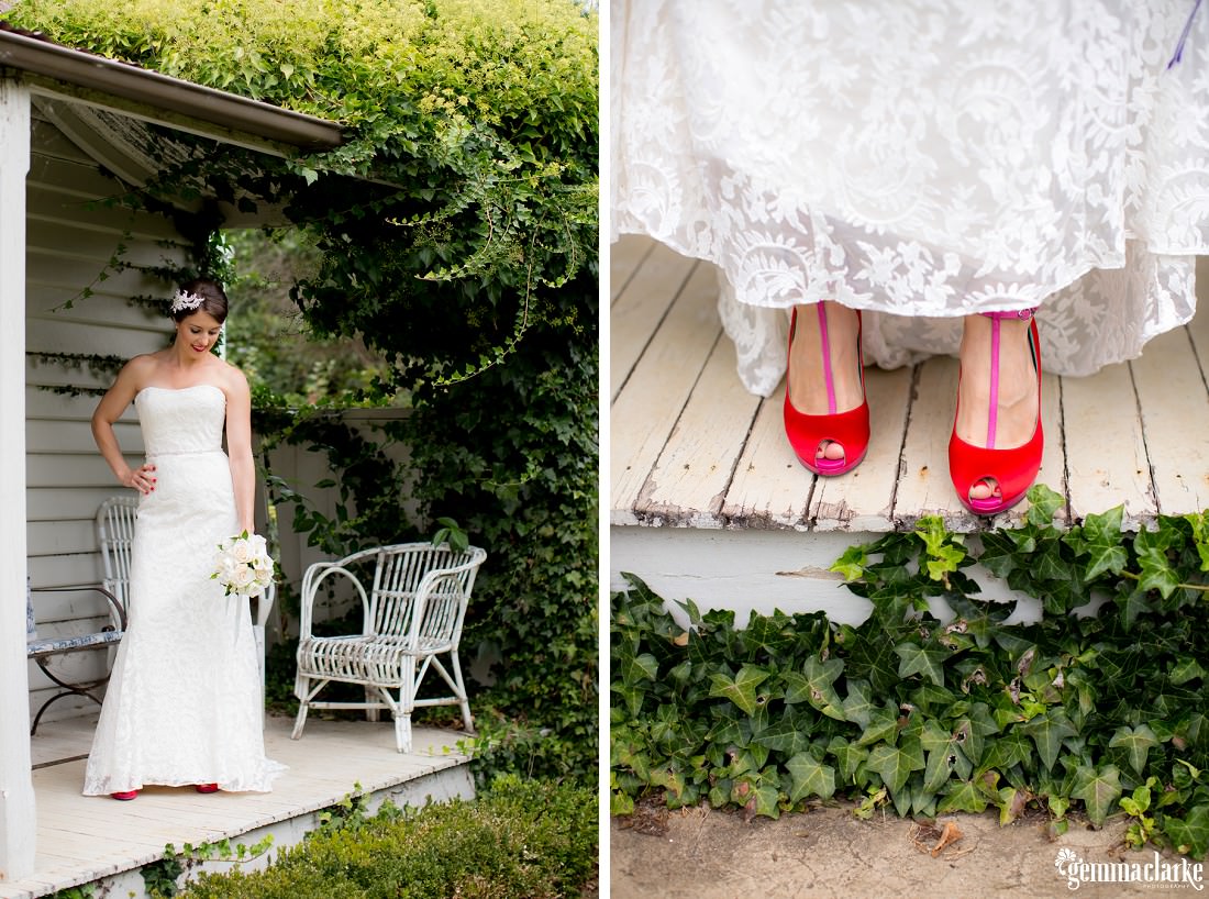Summerlees wedding bride posing on a verandah and showing off her red shoes