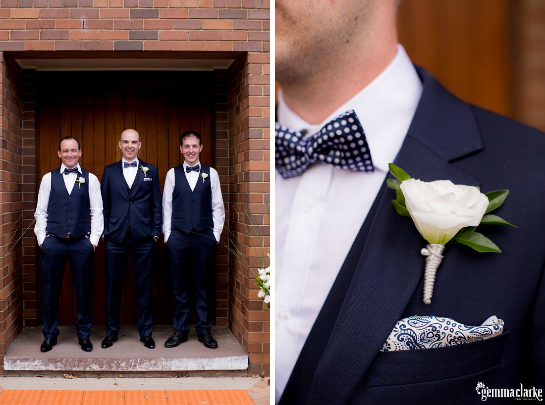 A groom and his two groomsmen and a closeup of the groom's bow tie, buttonhole flower and pocket square