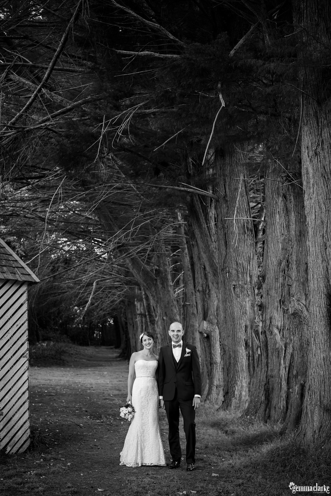 A bride and groom holding hands and smiling next to some very large trees