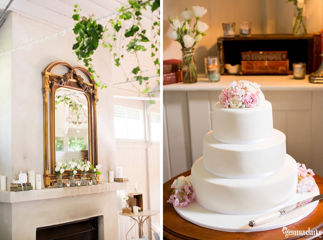 Floral decorations and a three tiered white wedding cake
