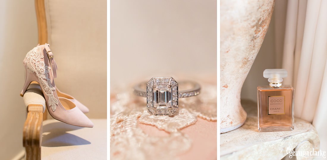 Bridal shoes on a chair, an engagement ring and a bottle of perfume
