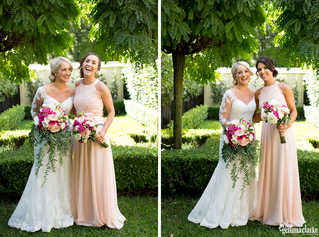 Two images of a bride and a bridesmaid standing together in a garden smiling and holding bouquets
