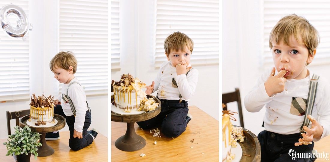 A series of three images with the two year old Birthday Boy Henry sitting on the tablet with his Cake and devouring it with his hands and making a big mess but loving it!