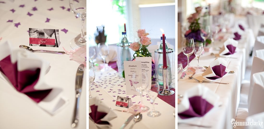 Wedding reception setup with white tables and chairs and purple runners, candles and other decorations - German Country Wedding