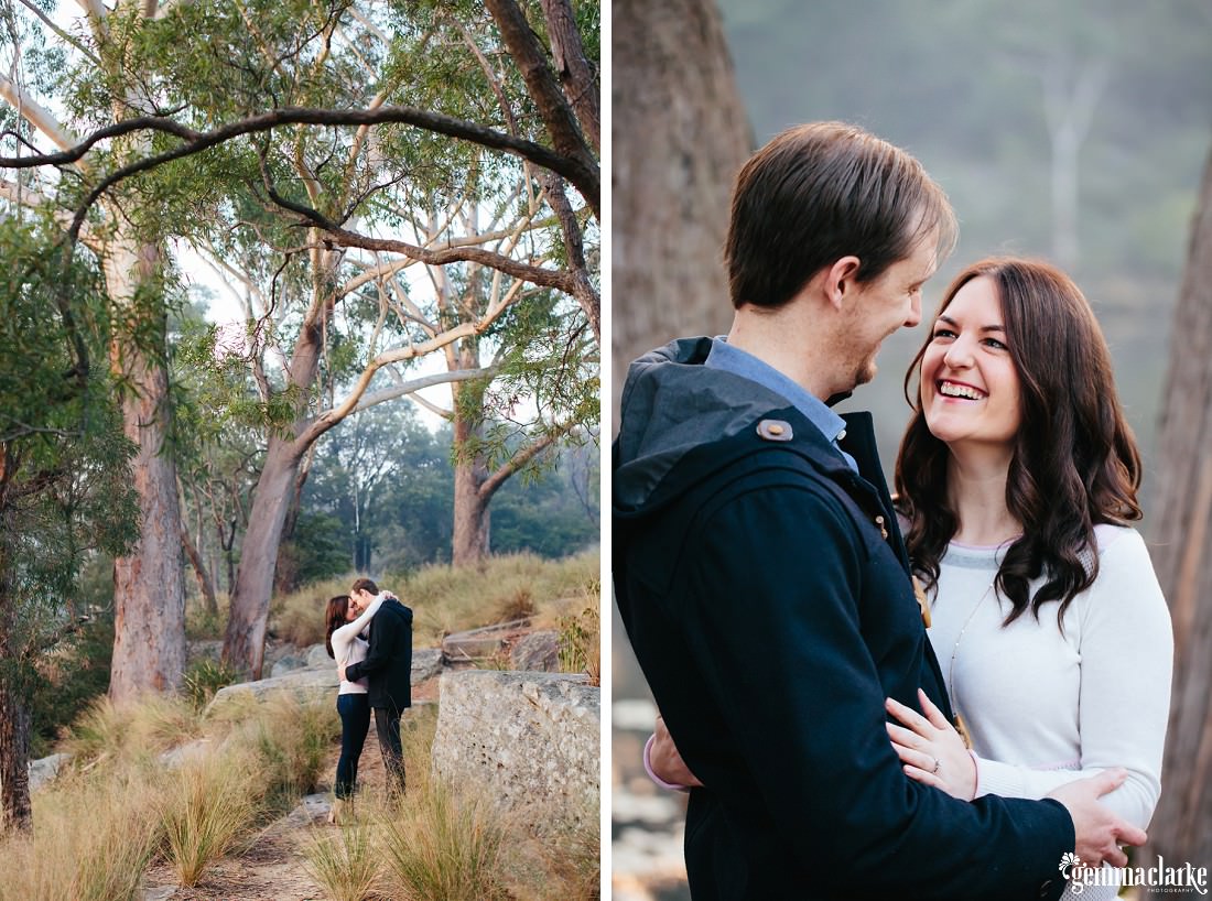 Two photos - one that is far away with the couple cuddling and the other is closer up and focusing on Shona looking at Rich with a big smile! - Lake Parramatta