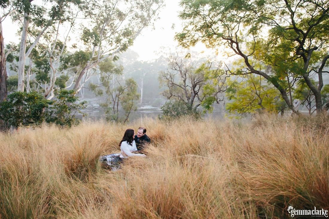 Sitting in the long yellow grass with the trees framing them as they cuddle - Lake Parramatta