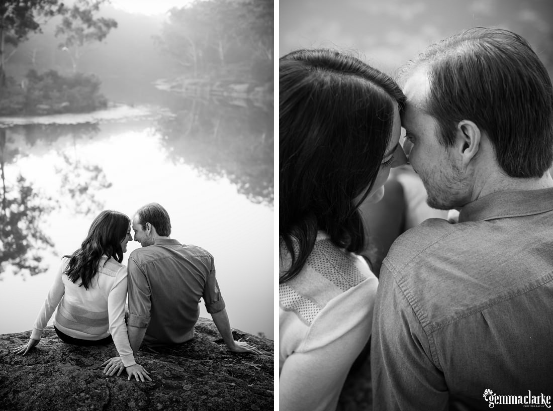 Two black and white images of the couple leaning in close together and sitting on a rock with the lake in the background at Lake Parramatta