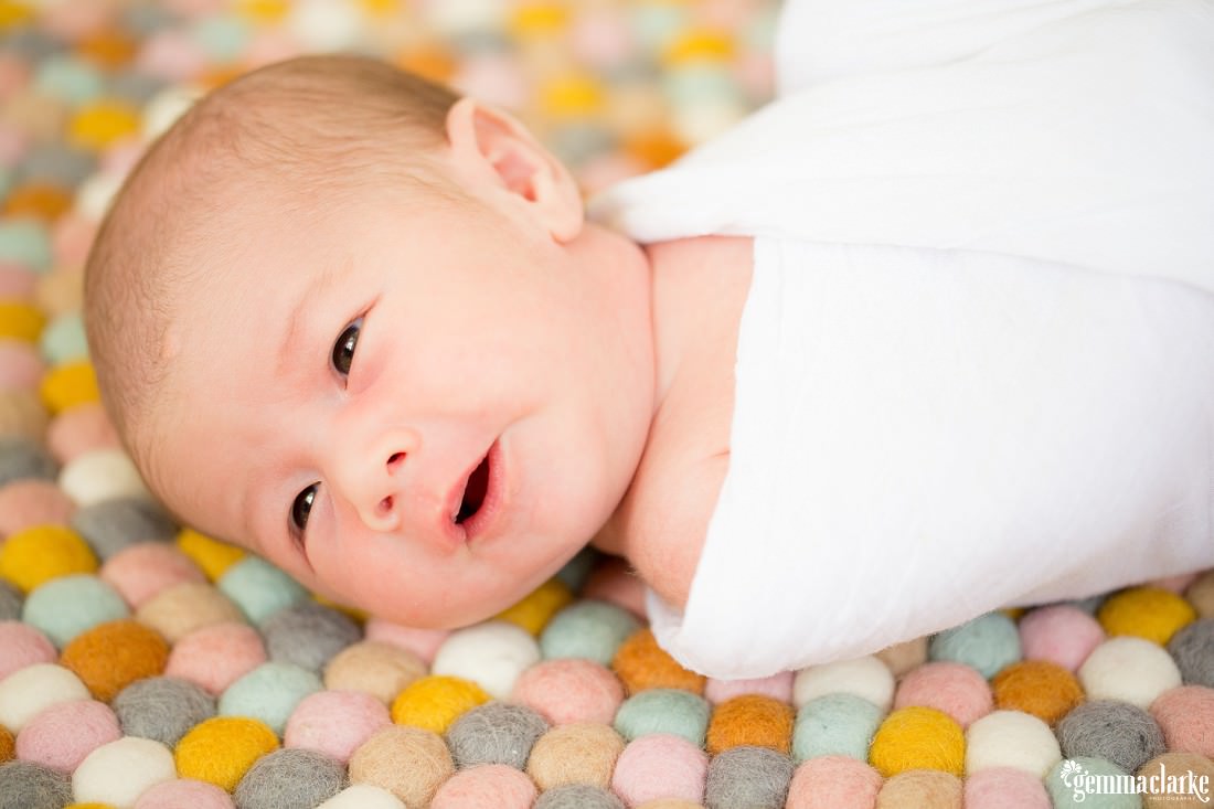 A newbord baby laying on a felt ball rug - Relaxed Newborn Portraits