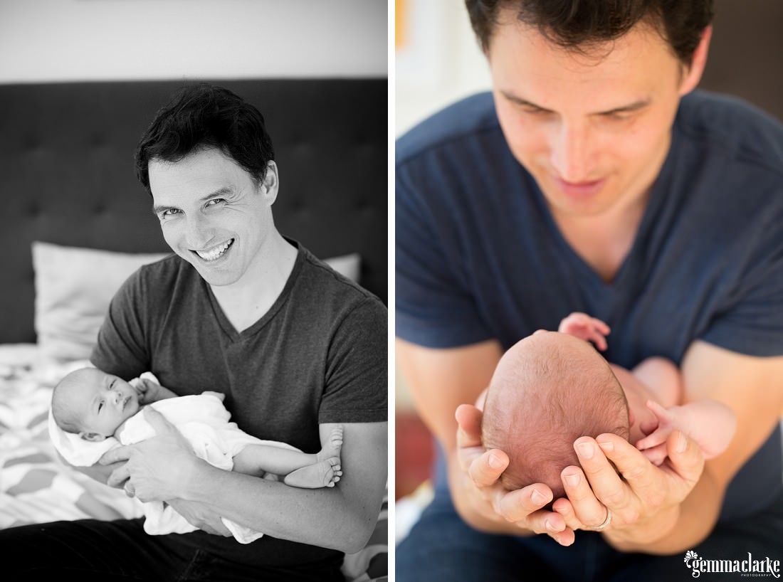 A smiling father holding his newborn baby - Relaxed Newborn Portraits