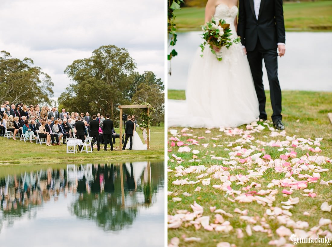 A view of a wedding reception in progress from across the lake, and the flower petal "aisle"