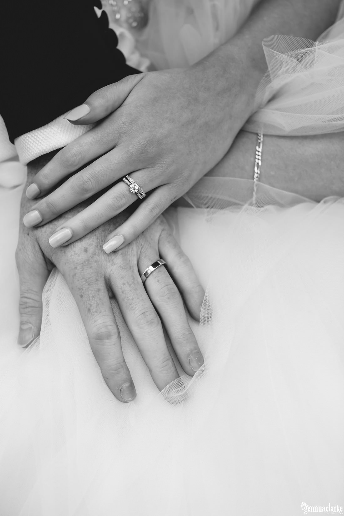 A close up of a bride and groom's hands