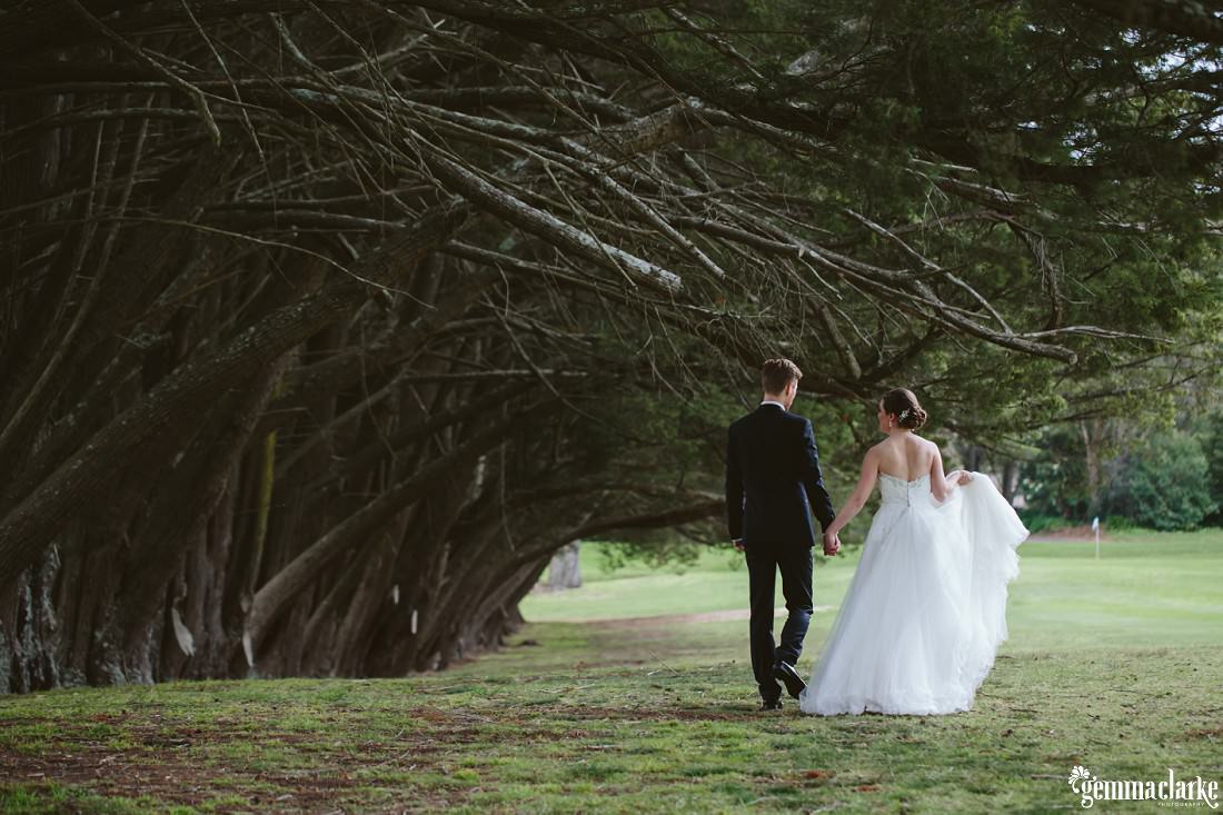 A bride and groom holding hands and walking under long branches of some very large trees