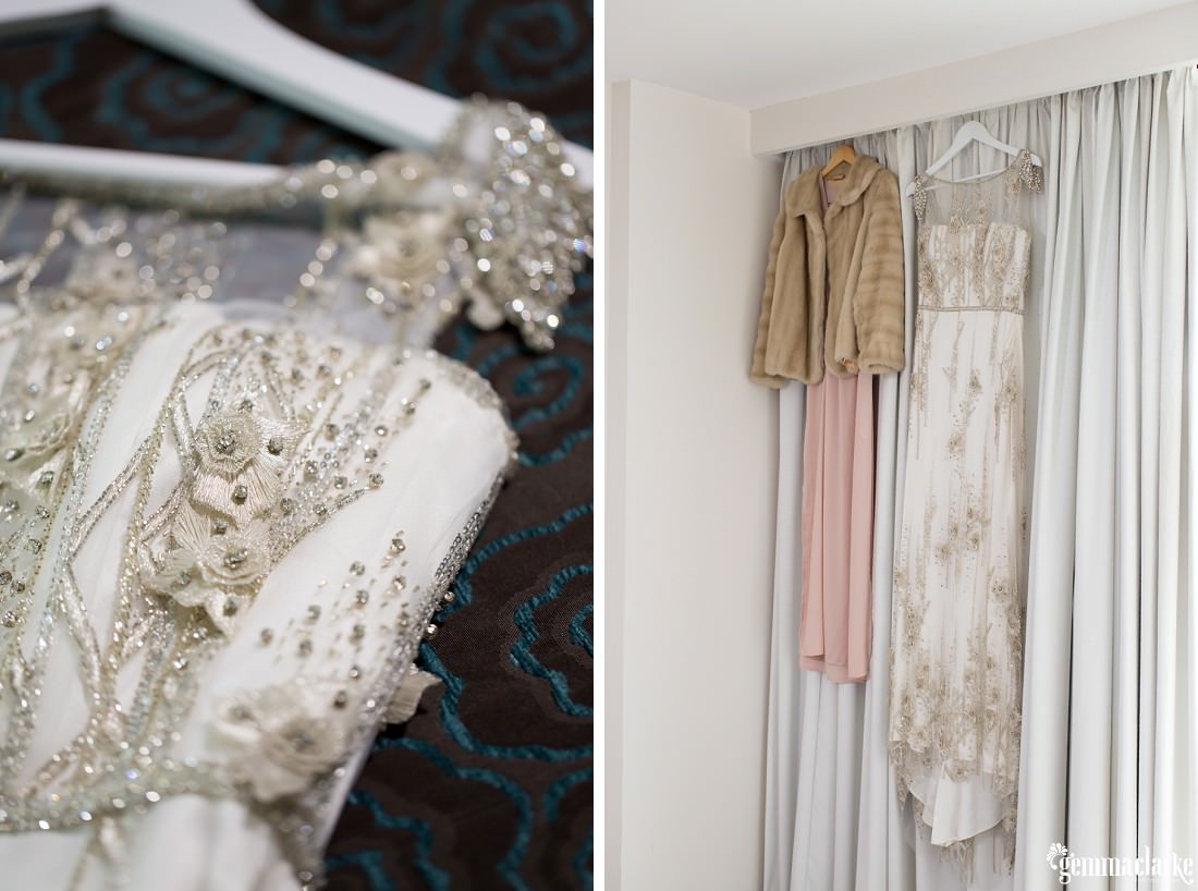 A bridal gown and accessories on hangers, and a close up of the detail of the gown