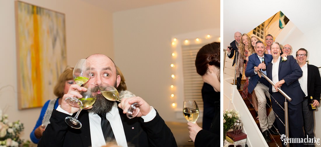 A man drinking from two wine glasses, and a groom and some wedding guests posing on the stairs