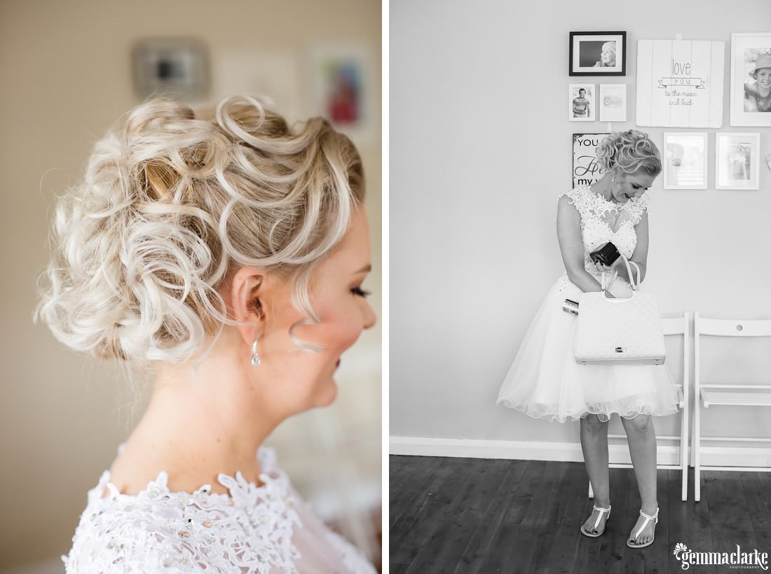 A bride looking for something in her handbag, and a close up of her hairstyle
