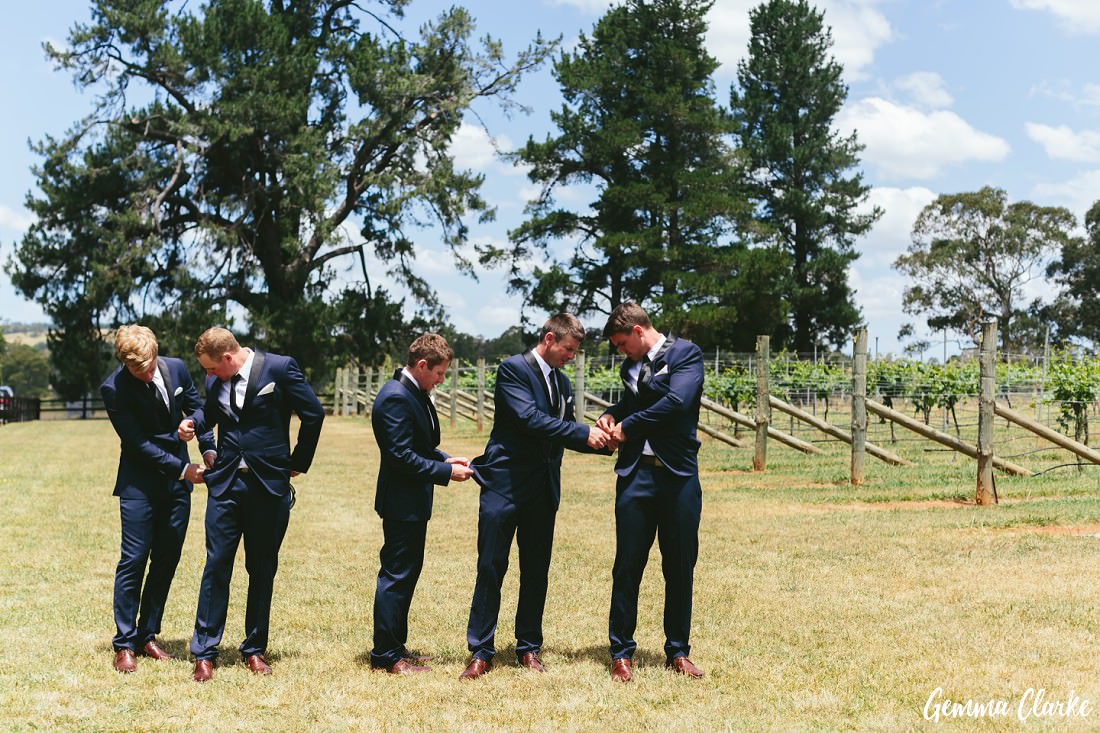 Groomsmen lined up in a row in front of the vineyard at this Bendooley Estate Wedding, all trying to take off the threads from the back of their suit jackets.