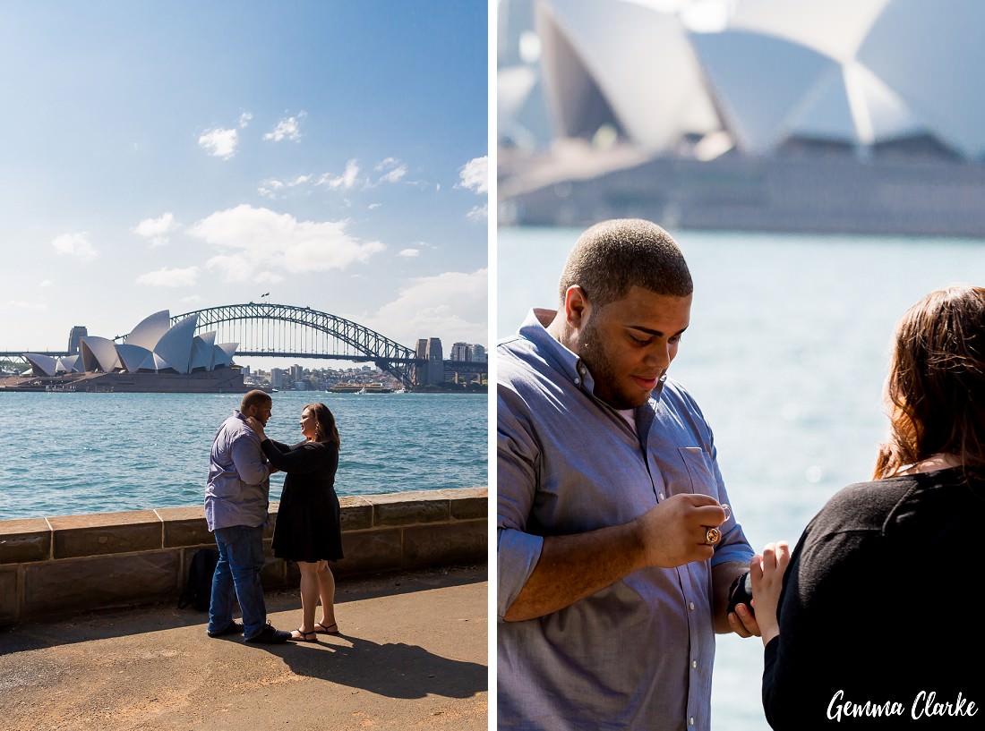 The ring goes on the finger and they embrace in front of the beautiful view of Sydney Harbour and the Opera House at this Surprise Proposal