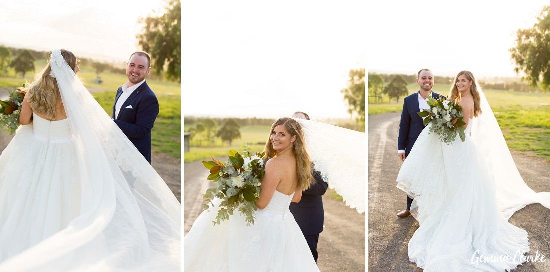 Some mischief and fun with the bride and groom as they walk down the country road with the veil swaying in the wind at this Burnham Grove Estate Wedding