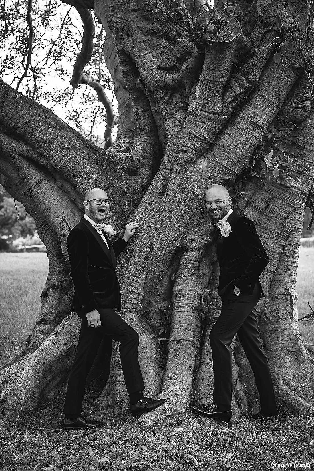 Two grooms stand by a stunning fig tree in black and white at this Sydney Gay Wedding