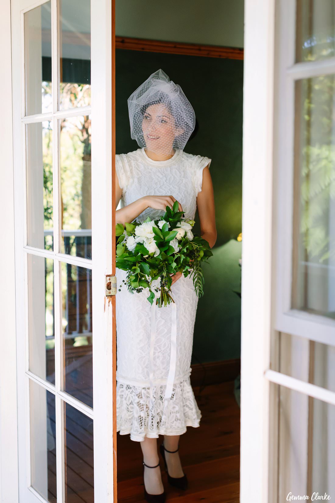 The beautiful bride, Anna Maria waits patiently to walk down the aisle at her Loxley on Bellbird Hill Wedding