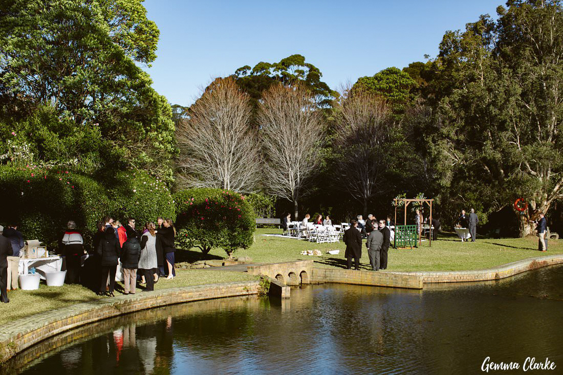 Guests mingling after the ceremony and at the grazing table in Rhododendron Gardens at this winter Wollongong wedding