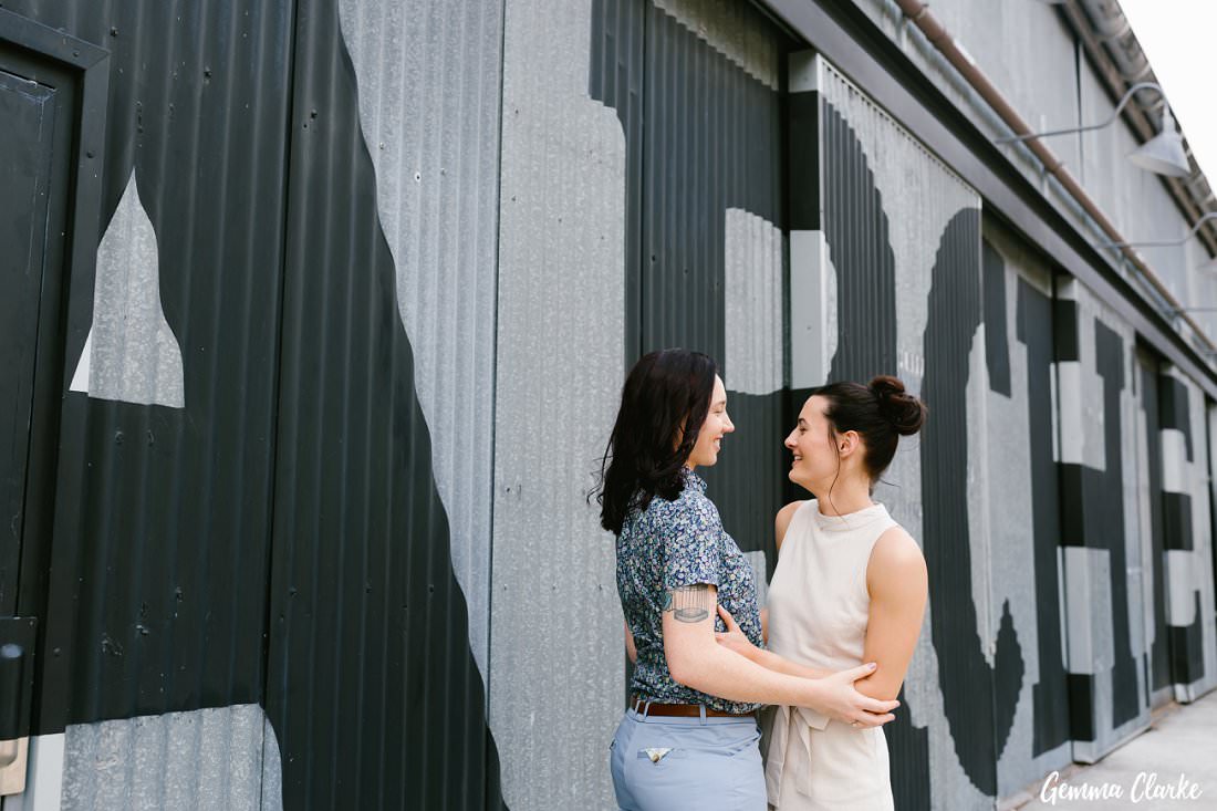A great space for an urban wedding - Archie Rose Distillery with two brides celebrating outside!
