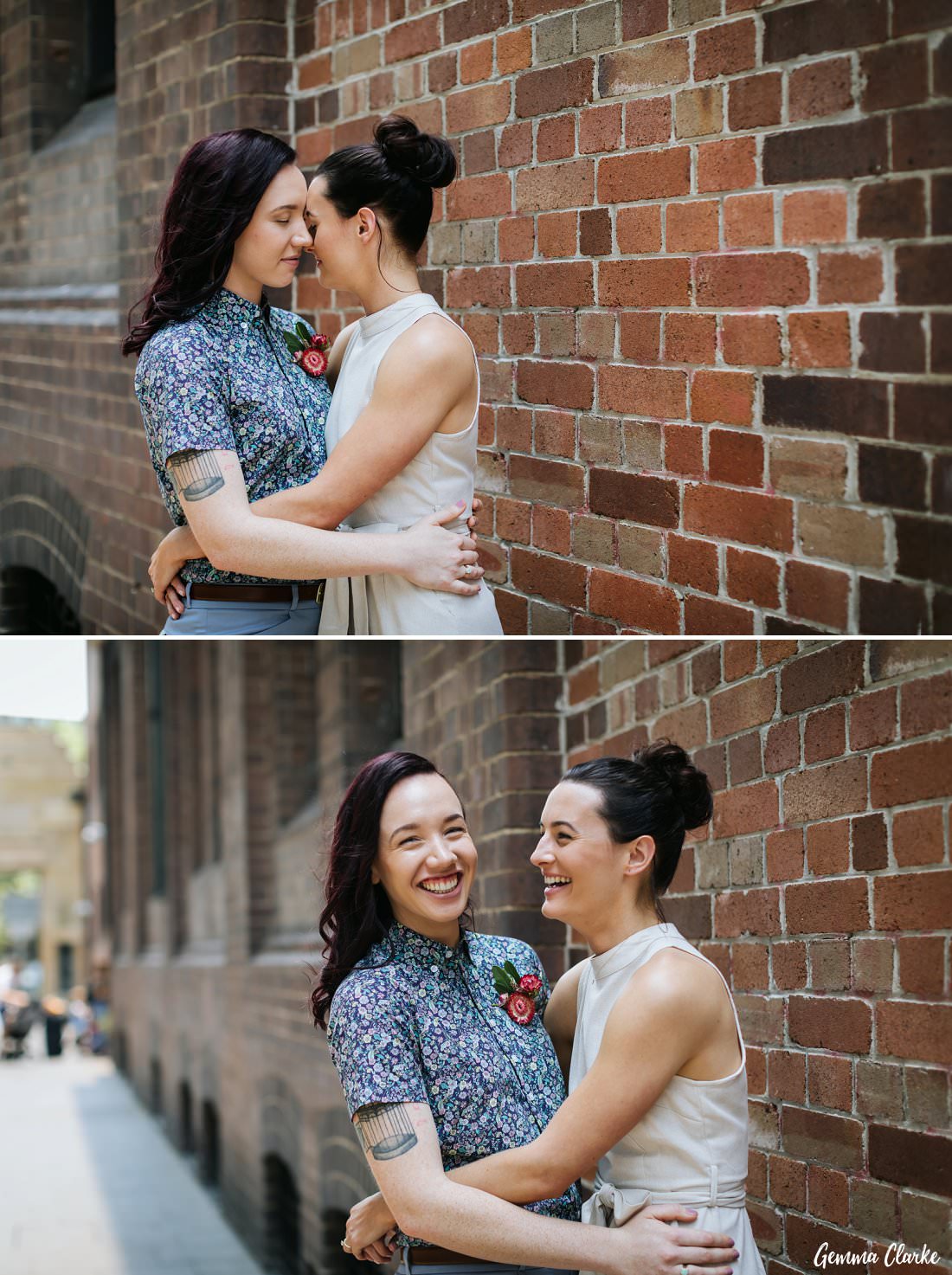 Urban portraits by a brick wall with these two gorgeous brides on their way to Archie Rose Distillery