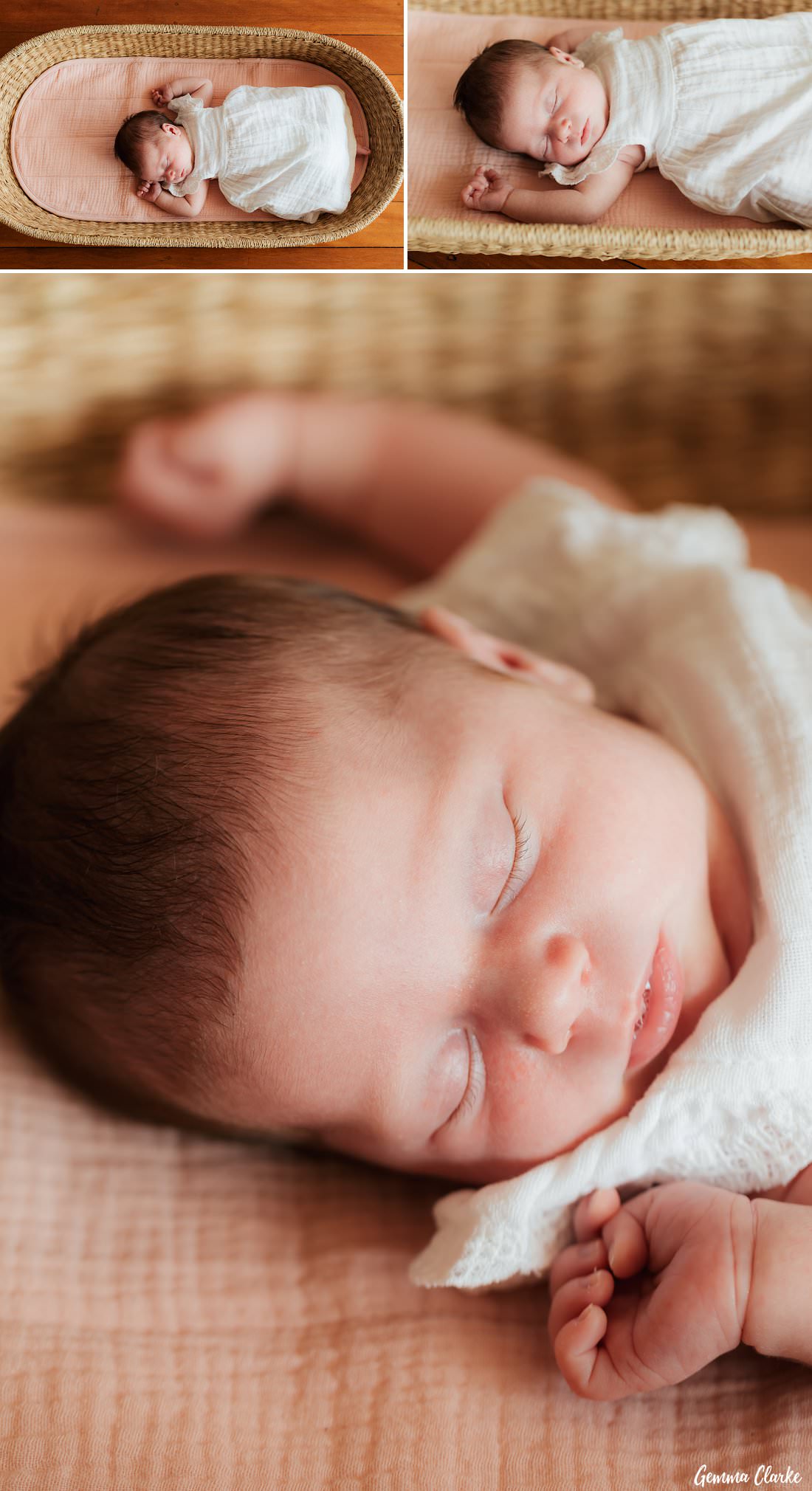 Close ups of baby willow in her woven basket and apricot cotton blanket - At Home newborn Photos in Sydney